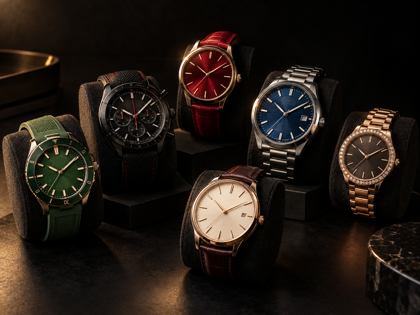 A curated collection of colorful wristwatches on dark stands