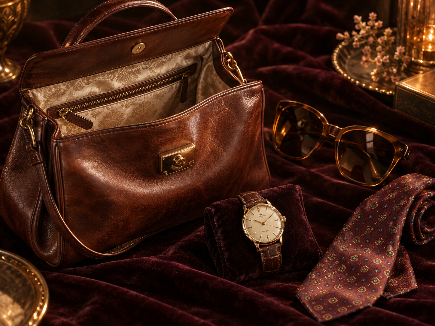 A vintage leather handbag, watch, sunglasses, and silk tie on dark velvet
