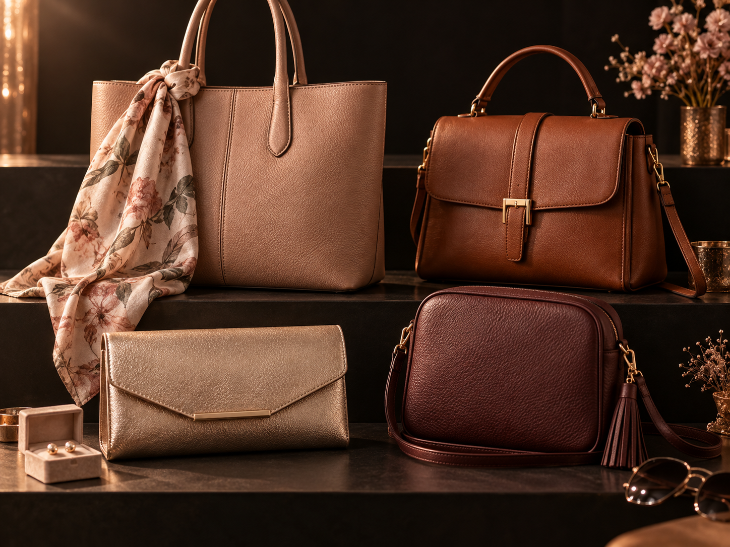 Four handbags and accessories arranged on dark boutique shelves
