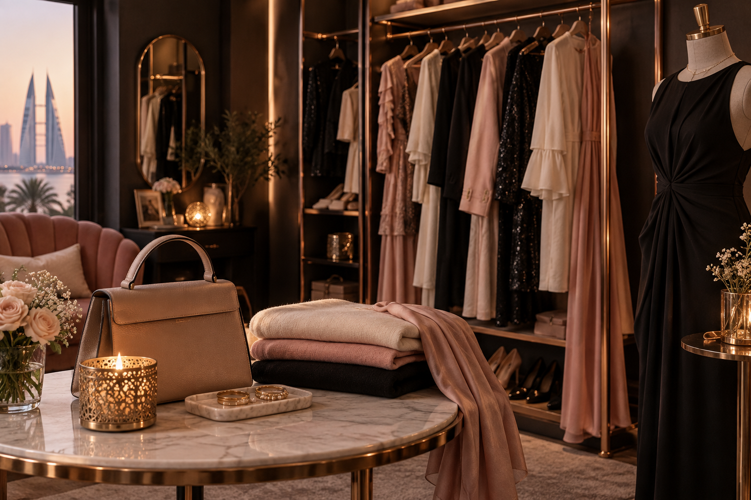 A warm Bahrain boutique room with clothing, a mannequin, handbag, candle, and folded garments