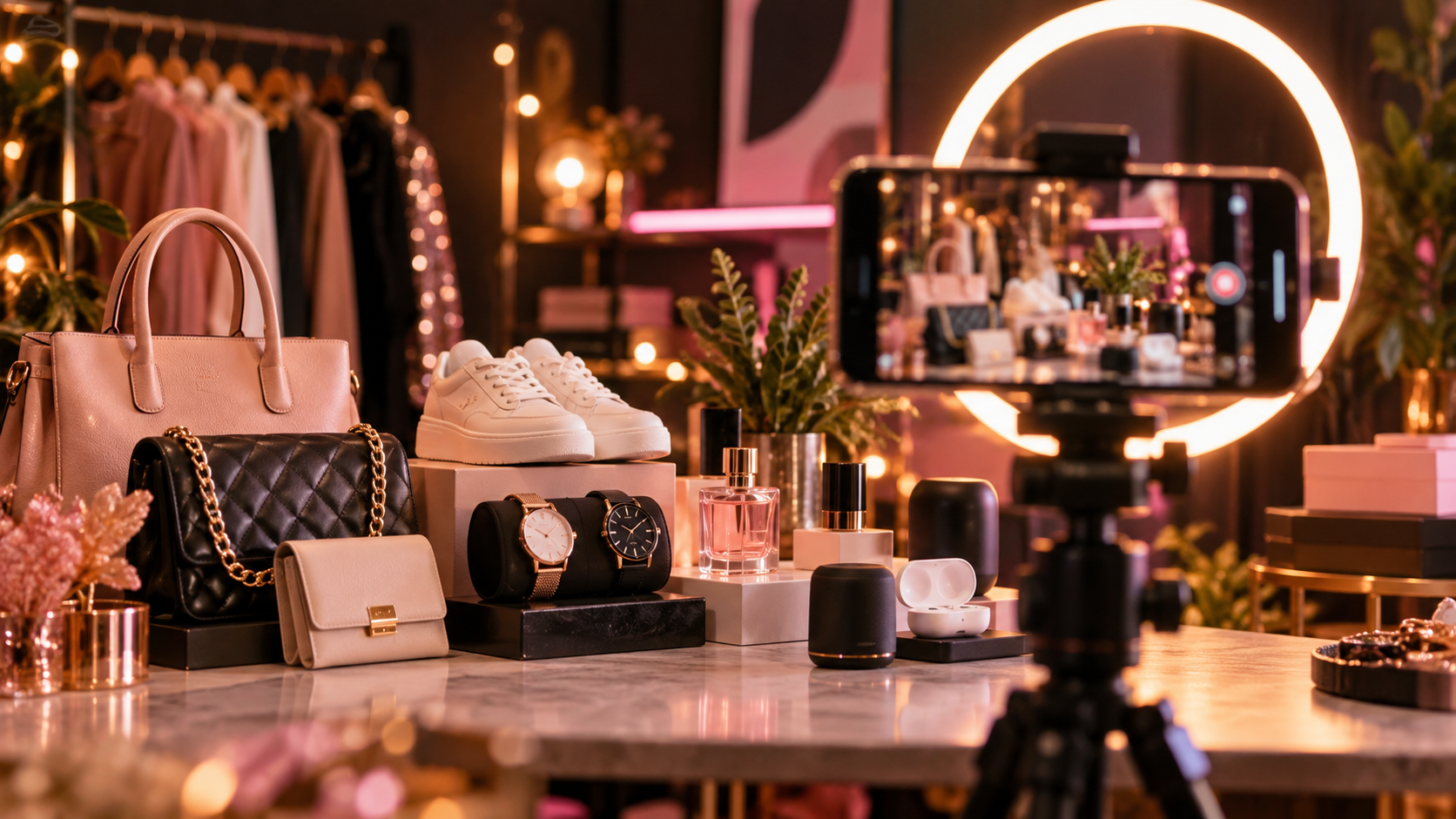 A phone and ring light set up to present bags, watches, shoes, perfumes, and gadgets