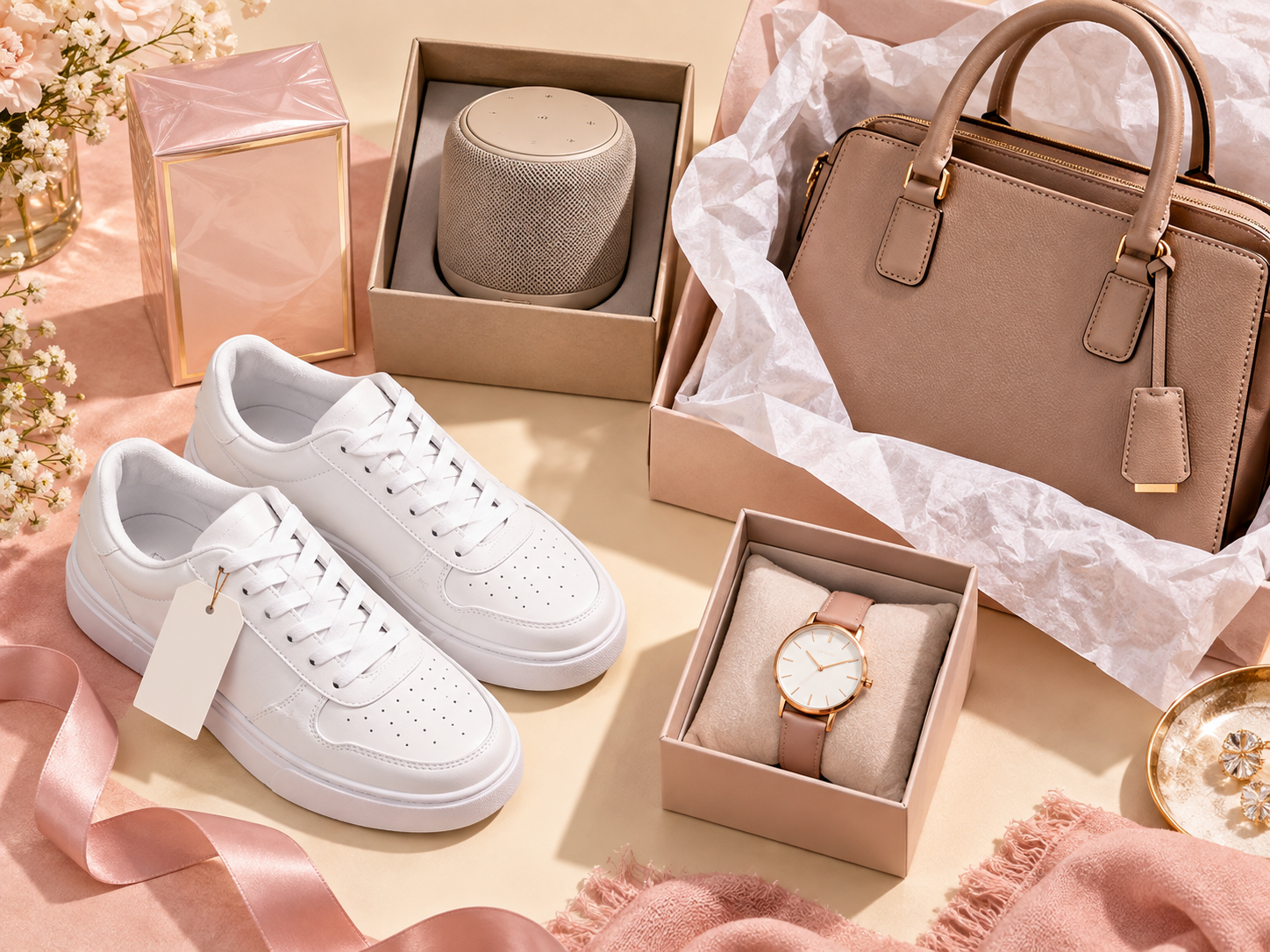 New sneakers, handbag, watch, perfume, and speaker in blush packaging